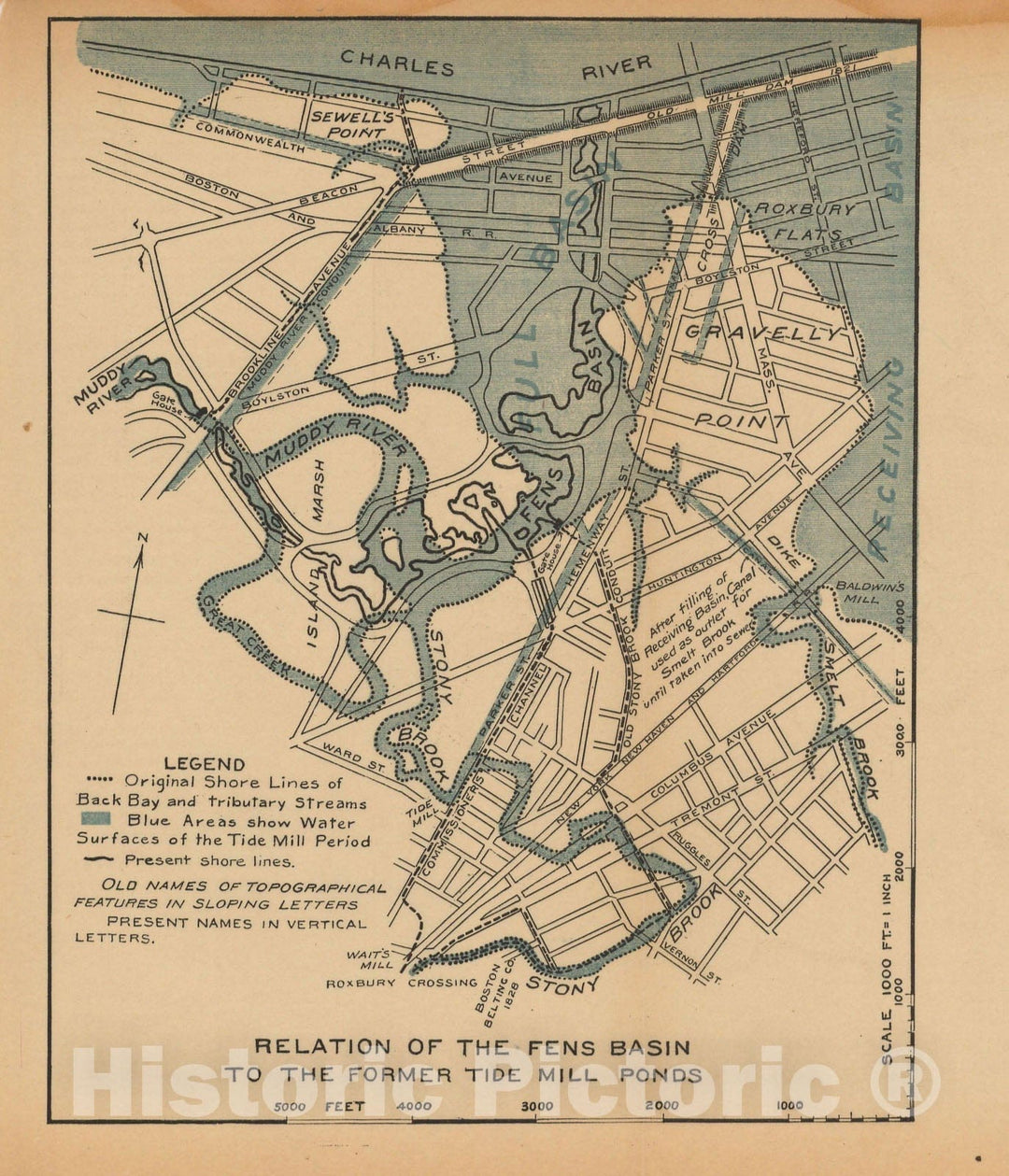 Historic Map : Charles River Dam Report c1902, Relation Of Fens Basin To Former Tide Mill Ponds 1902 Topographic Map , Vintage Wall Art