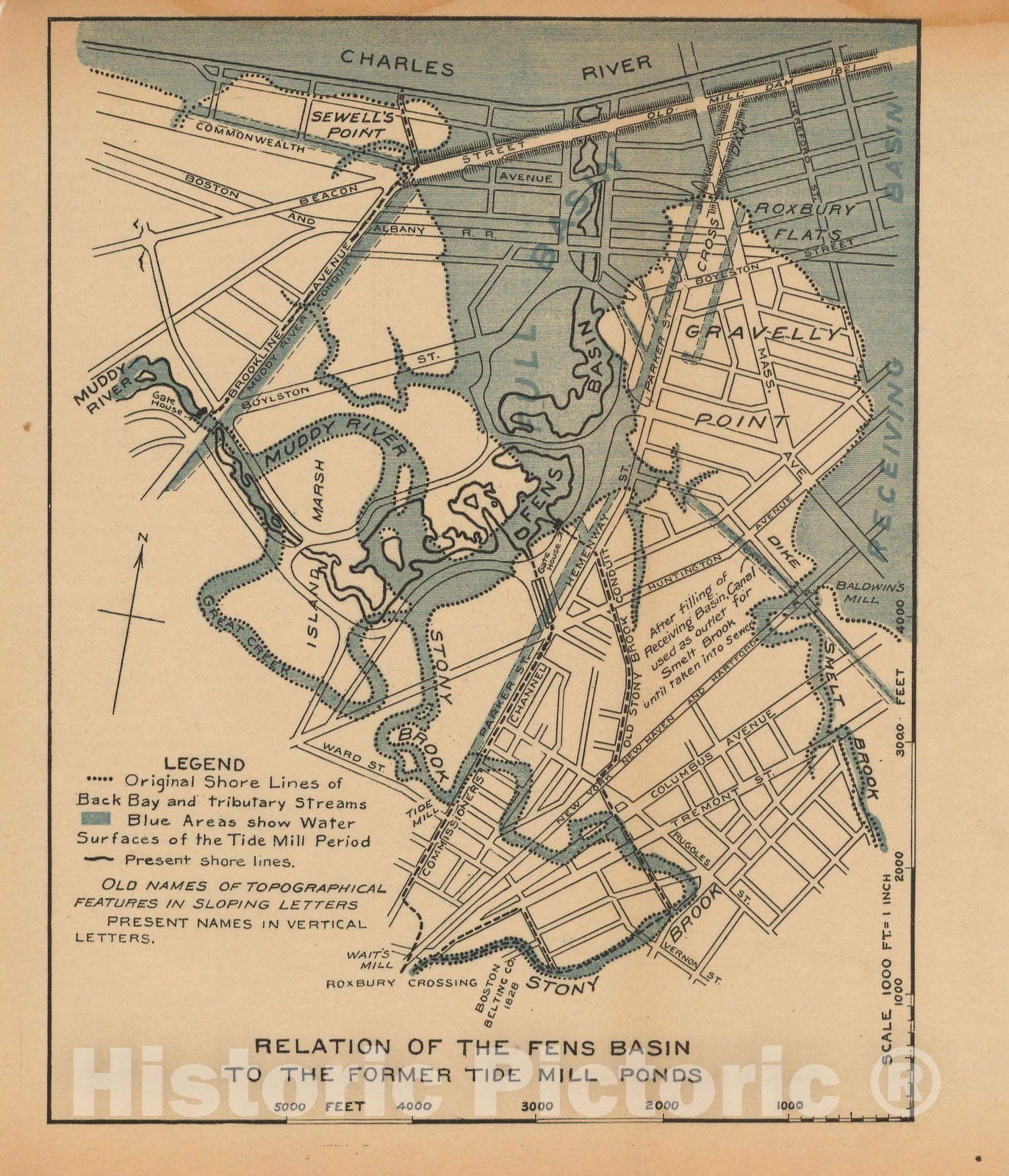 Historic Map : Charles River Dam Report c1902, Relation Of Fens Basin To Former Tide Mill Ponds 1902 Topographic Map , Vintage Wall Art
