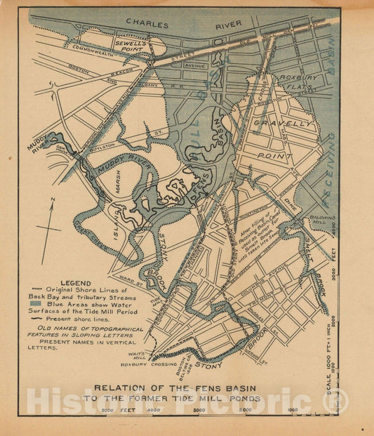 Historic Map : Charles River Dam Report c1902, Relation Of Fens Basin To Former Tide Mill Ponds 1902 Topographic Map , Vintage Wall Art