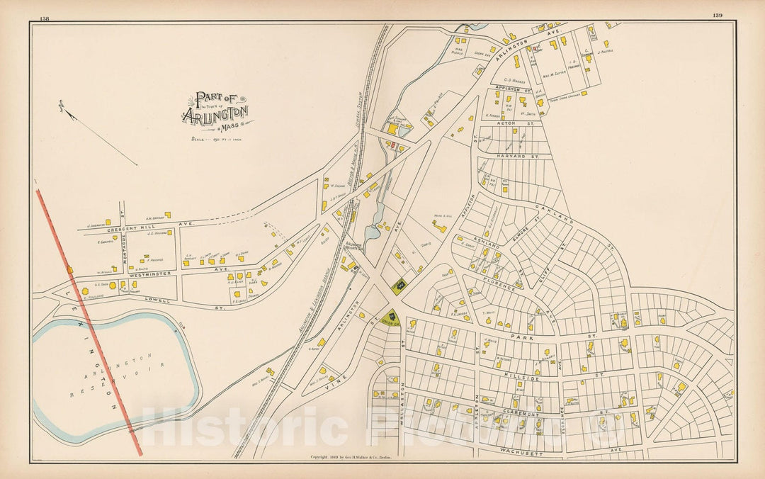 Historic Map : Atlas of Middlesex County, Massachusetts, Arlington 1889 , Vintage Wall Art