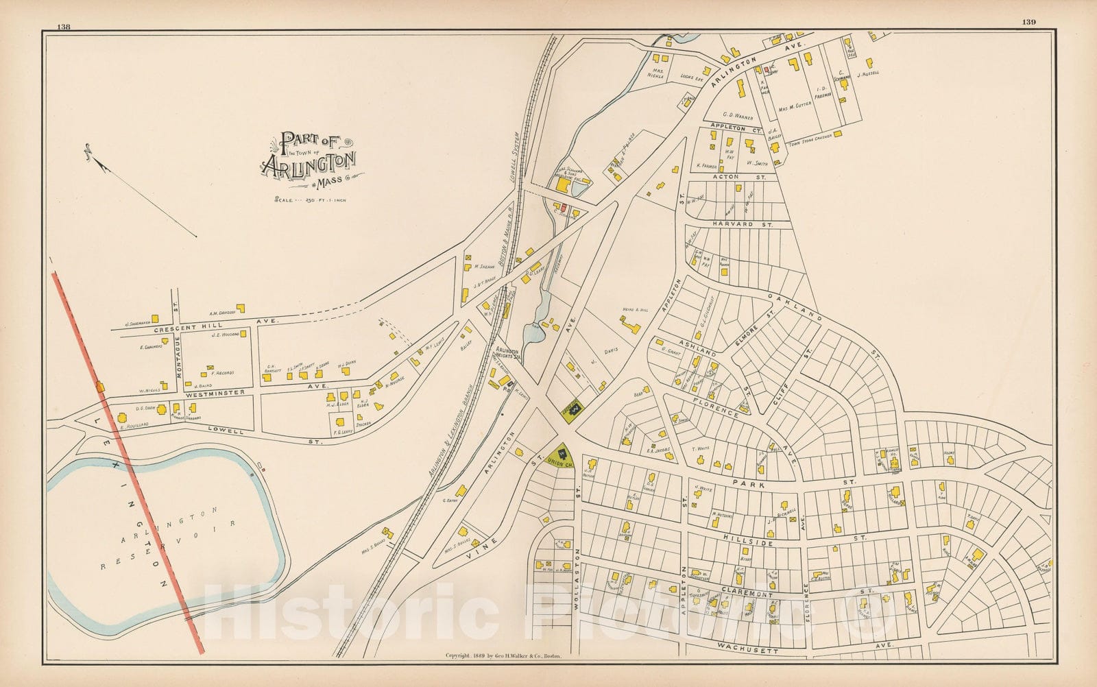 Historic Map : Atlas of Middlesex County, Massachusetts, Arlington 1889 , Vintage Wall Art