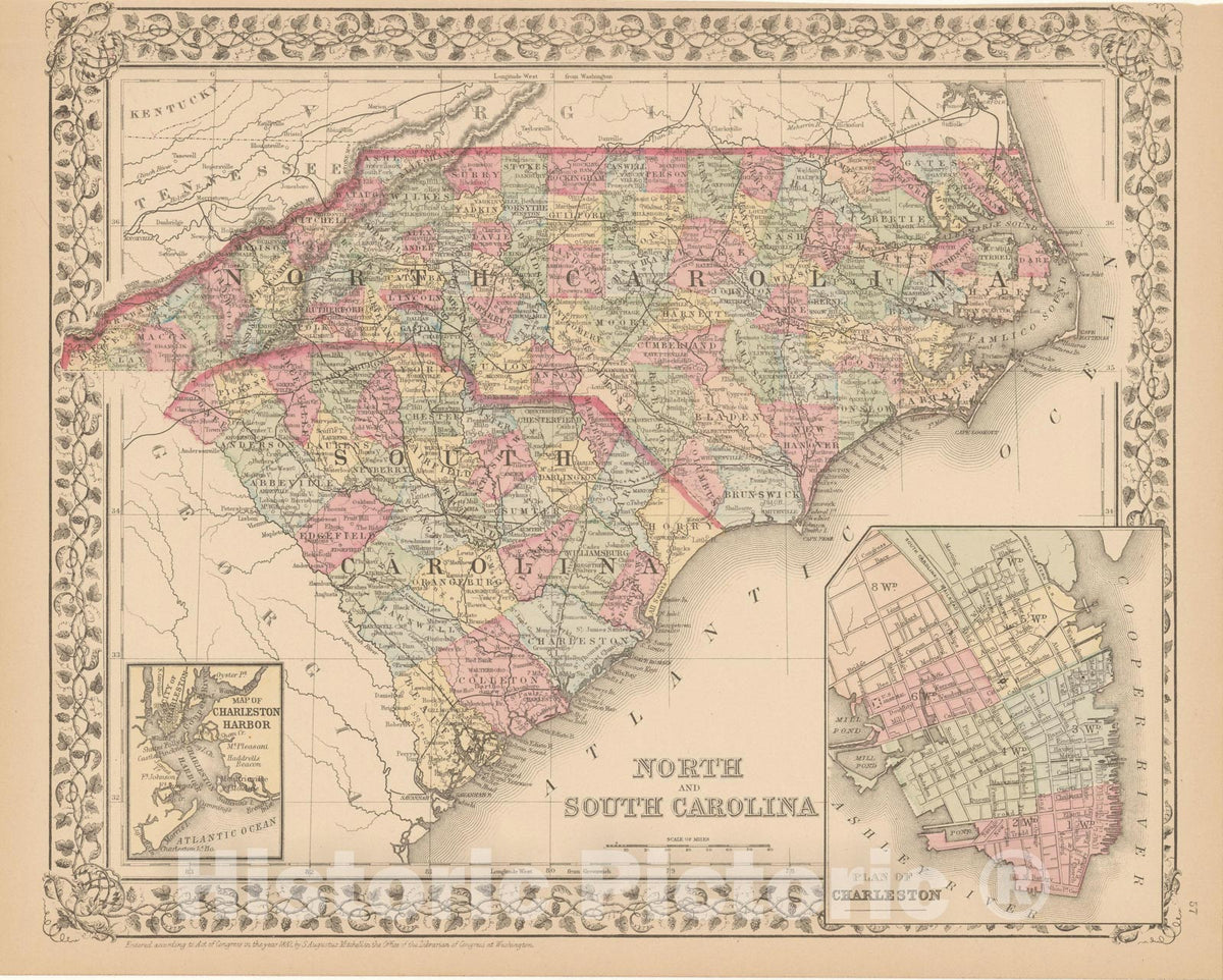 Historic Map : North Carolina & South Carolina 1882 , Mitchell's New General Atlas , Vintage Wall Art
