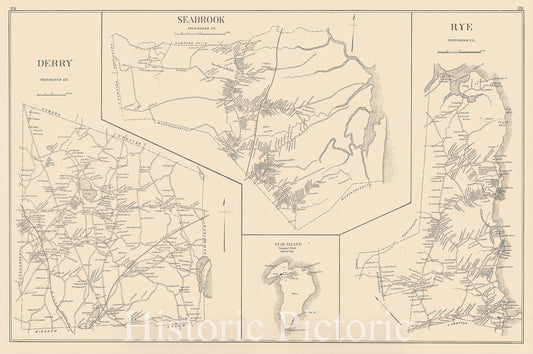Historic Map : Derry & Rye & Seabrook 1892 , Town and City Atlas State of New Hampshire , Vintage Wall Art