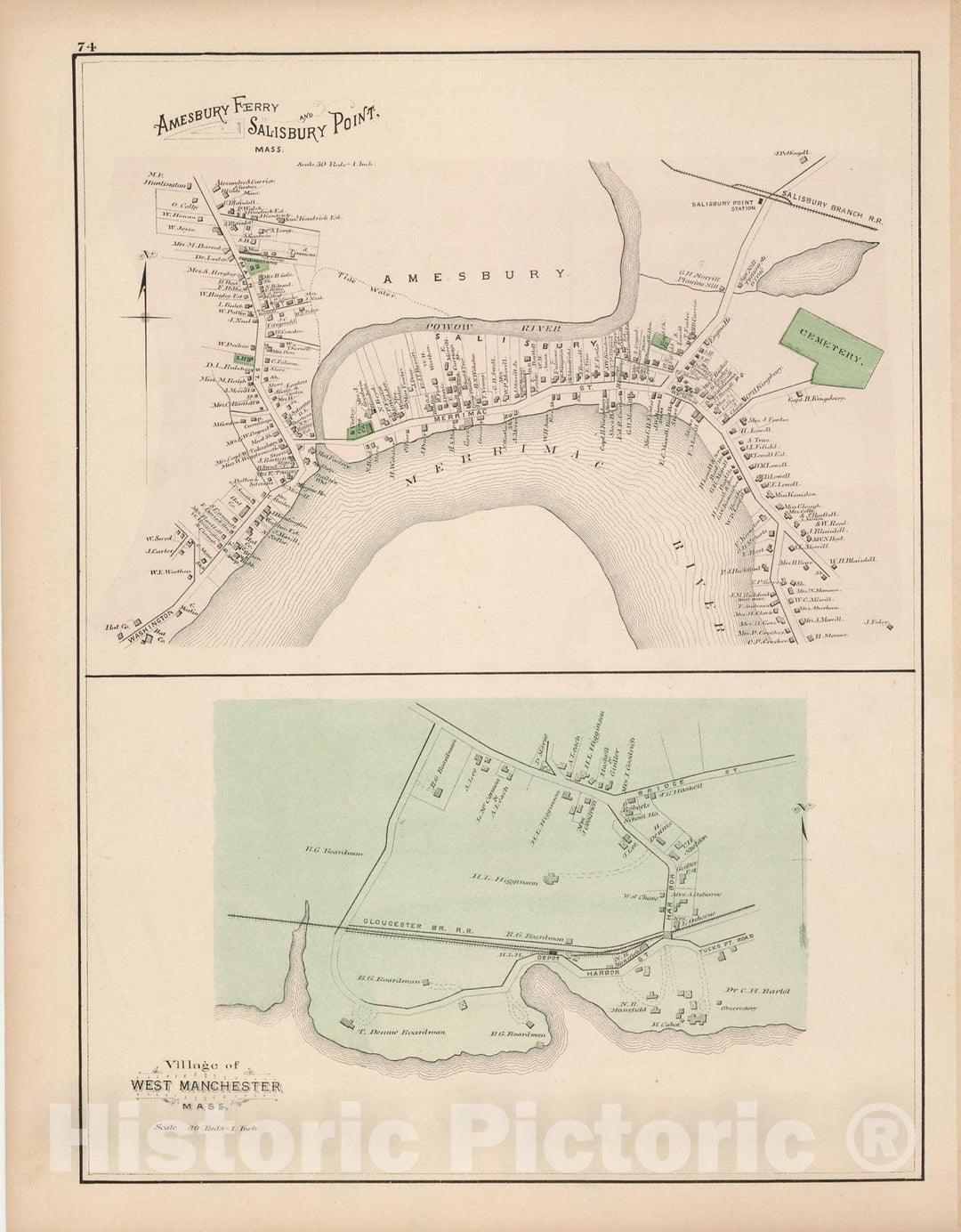 Historic Map : Atlas of Essex County, Amesbury & Manchester & Manchester By The Sea 1884 , Vintage Wall Art