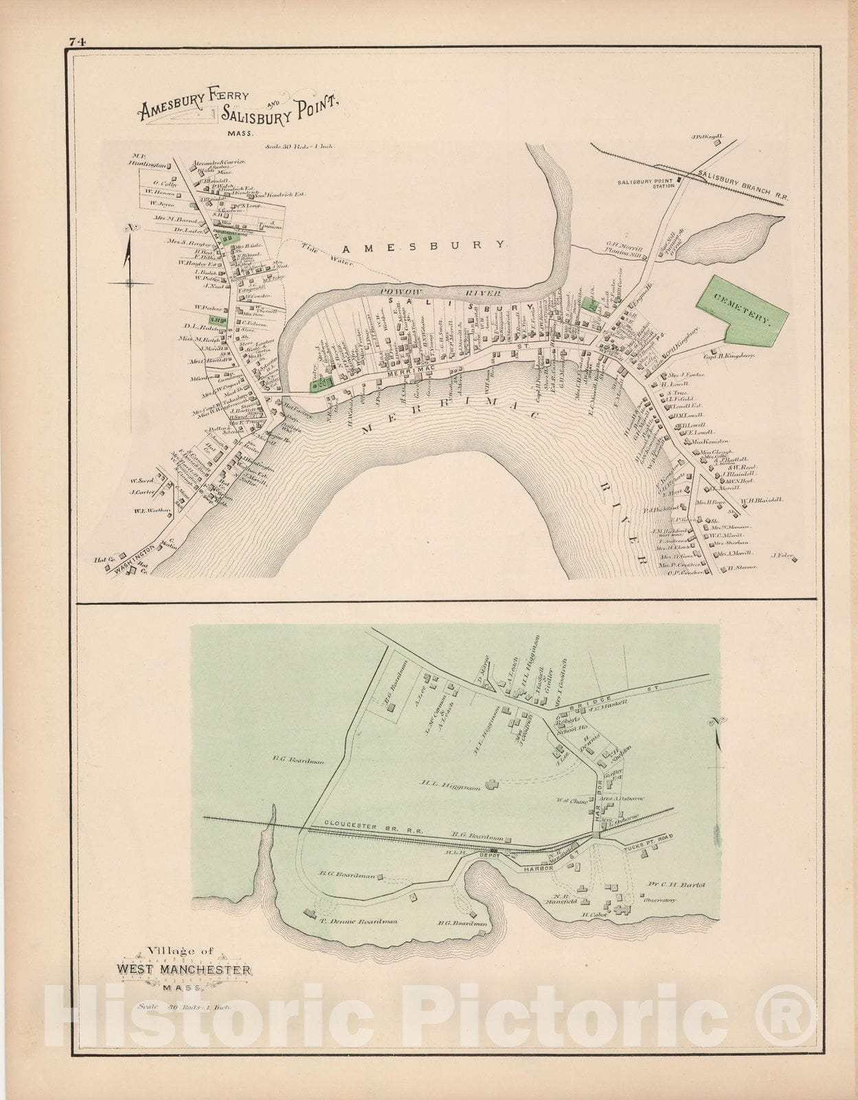 Historic Map : Atlas of Essex County, Amesbury & Manchester & Manchester By The Sea 1884 , Vintage Wall Art