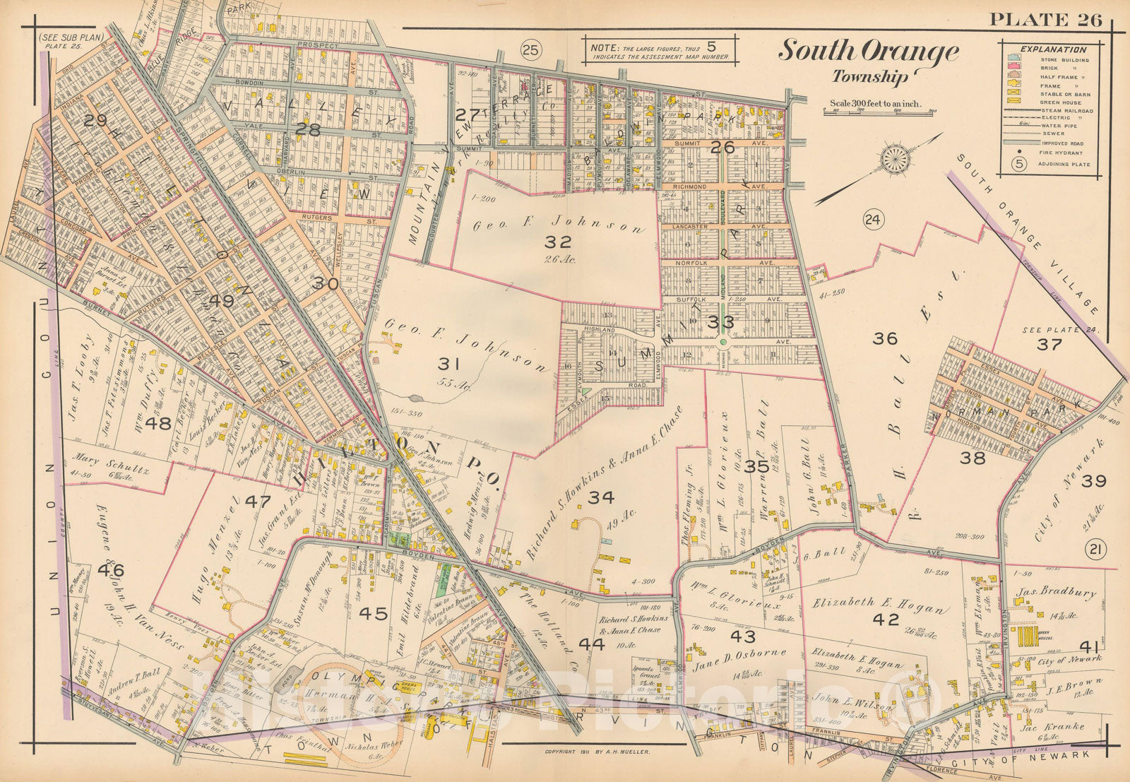 Historic Map : Atlas Oranges, South Orange 1911 Plate 026 , Vintage Wall Art