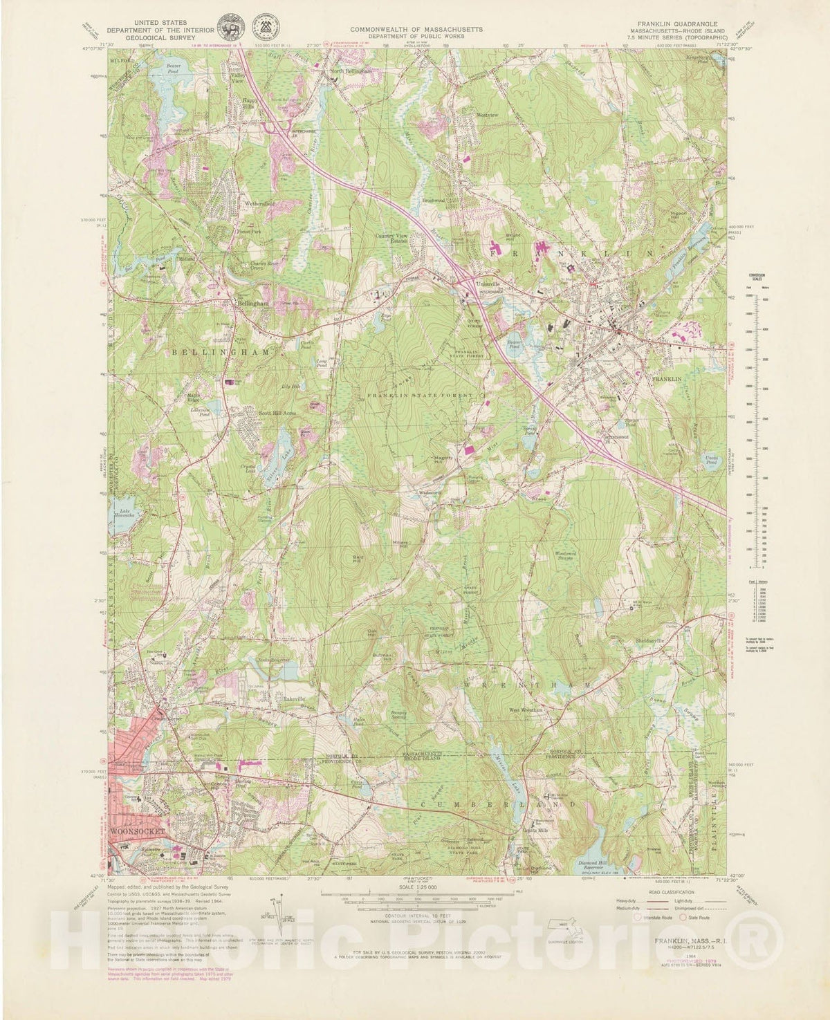 Historic Map : USGS 7.5 Minute Sheets and Quadrangles, Bellingham & Franklin & Wrentham 1964 Topographic Map , Vintage Wall Art