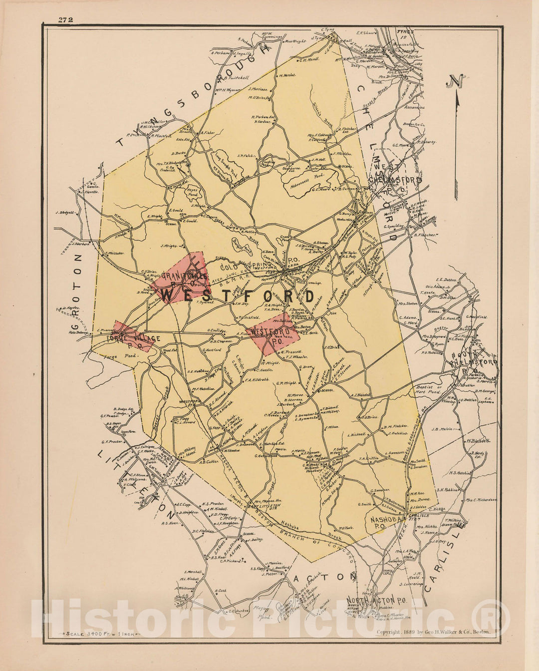 Historic Map : Atlas of Middlesex County, Massachusetts, Westford 1889 , Vintage Wall Art