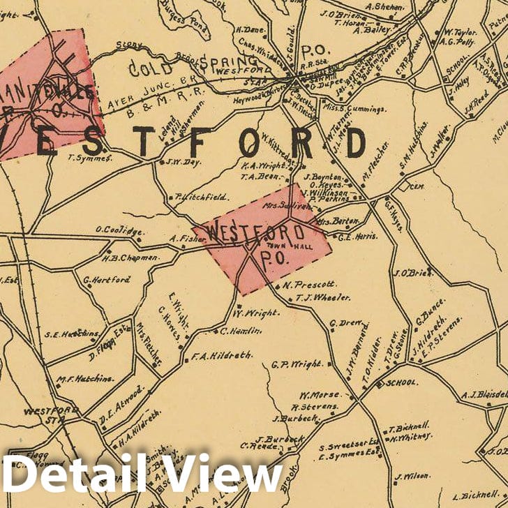 Historic Map : Atlas of Middlesex County, Massachusetts, Westford 1889 , Vintage Wall Art