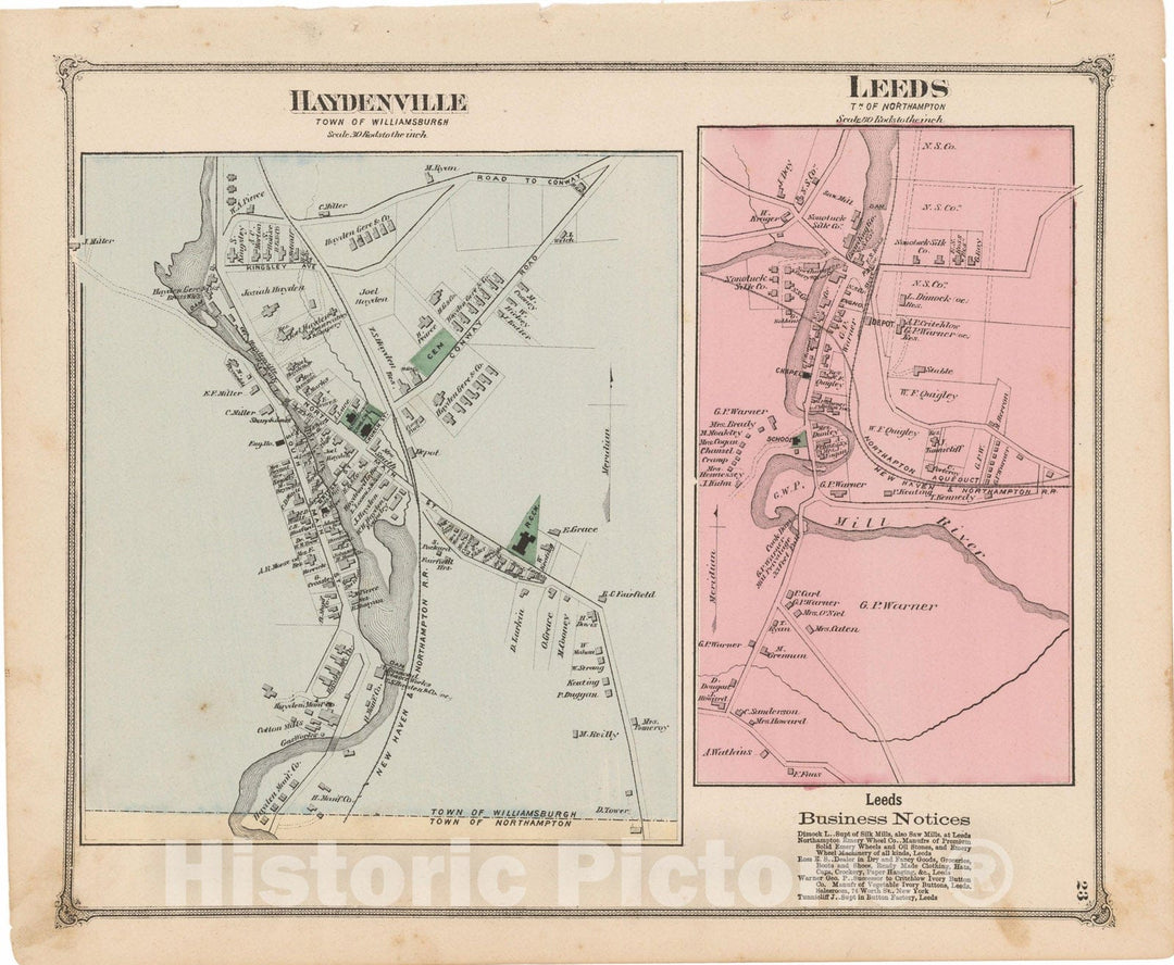 Historic Map : Atlas of Hampshire County Massachusetts, Haydenville 1873 , Vintage Wall Art