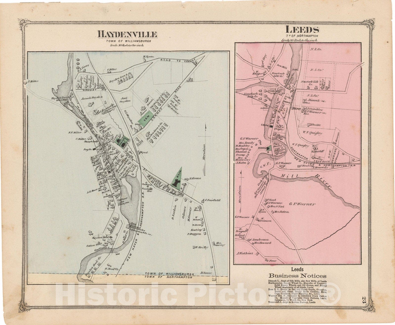 Historic Map : Atlas of Hampshire County Massachusetts, Haydenville 1873 , Vintage Wall Art