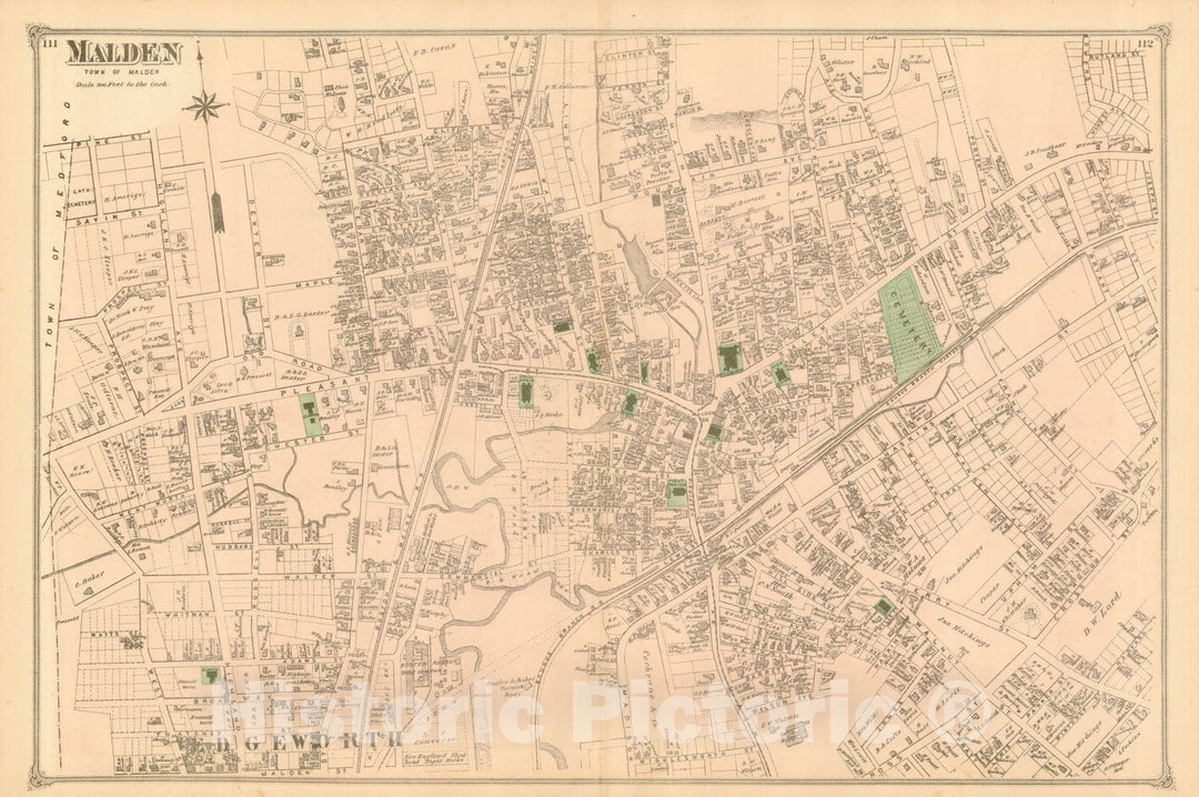 Historic Map : County Atlas of Middlesex Massachusetts, Malden 1875 , Vintage Wall Art