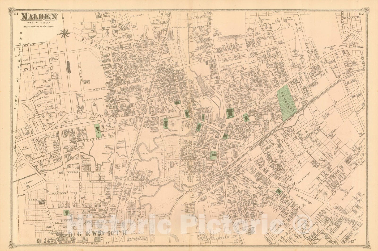 Historic Map : County Atlas of Middlesex Massachusetts, Malden 1875 , Vintage Wall Art