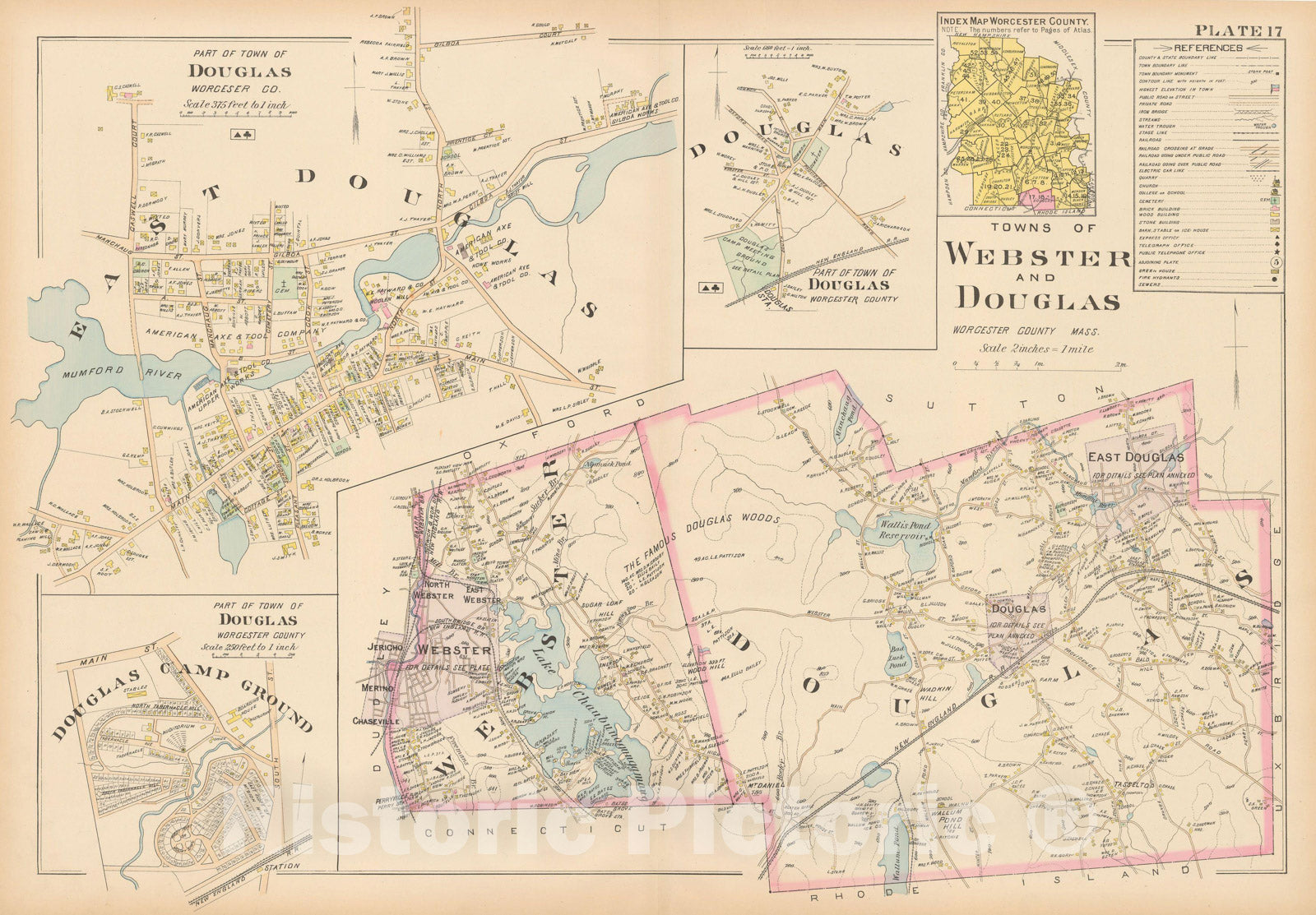 Historic Map : New Topo Atlas County of Worcester, Douglas & Webster 1898 Plate 017 , Vintage Wall Art