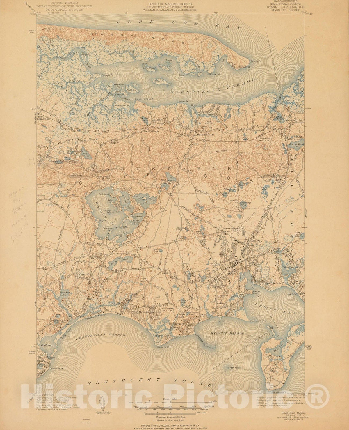 Historic Map : USGS 7.5 Minute Sheets and Quadrangles, Barnstable & Hyannis 1951 Topographic Map , Vintage Wall Art