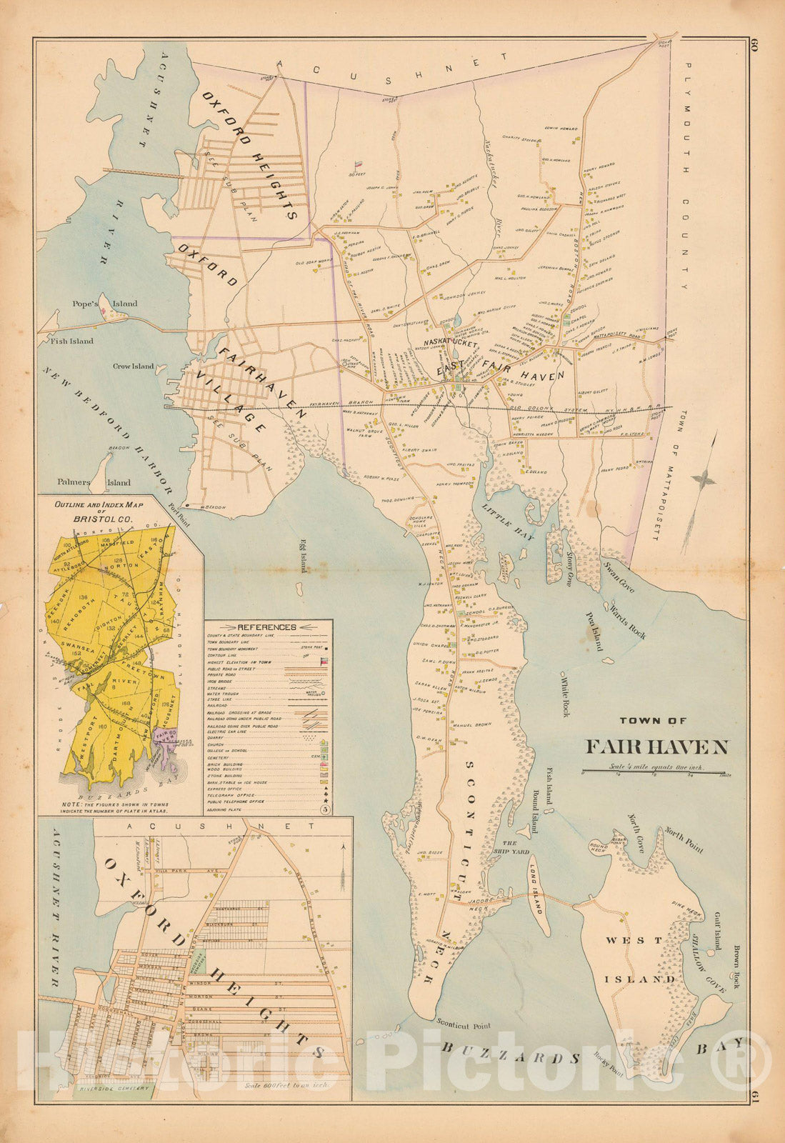 Historic Map : New Topographical Atlas of Surveys Bristol County Massachusetts, Fairhaven 1895 , Vintage Wall Art