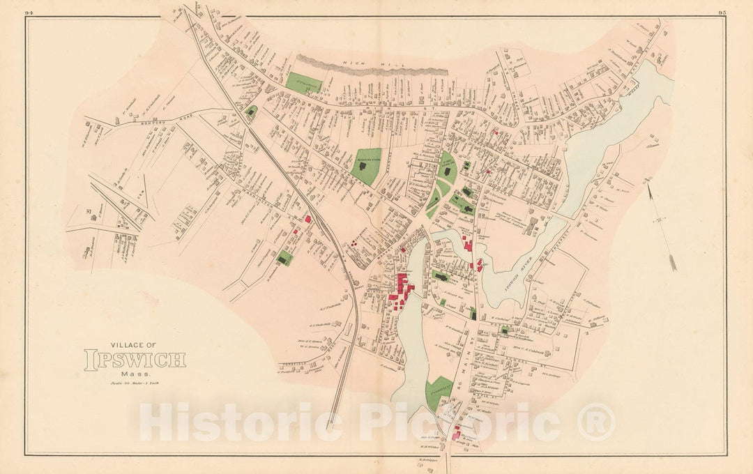 Historic Map : Atlas of Essex County, Ipswich 1884 , Vintage Wall Art