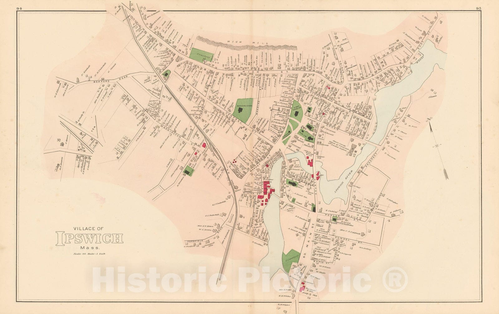 Historic Map : Atlas of Essex County, Ipswich 1884 , Vintage Wall Art