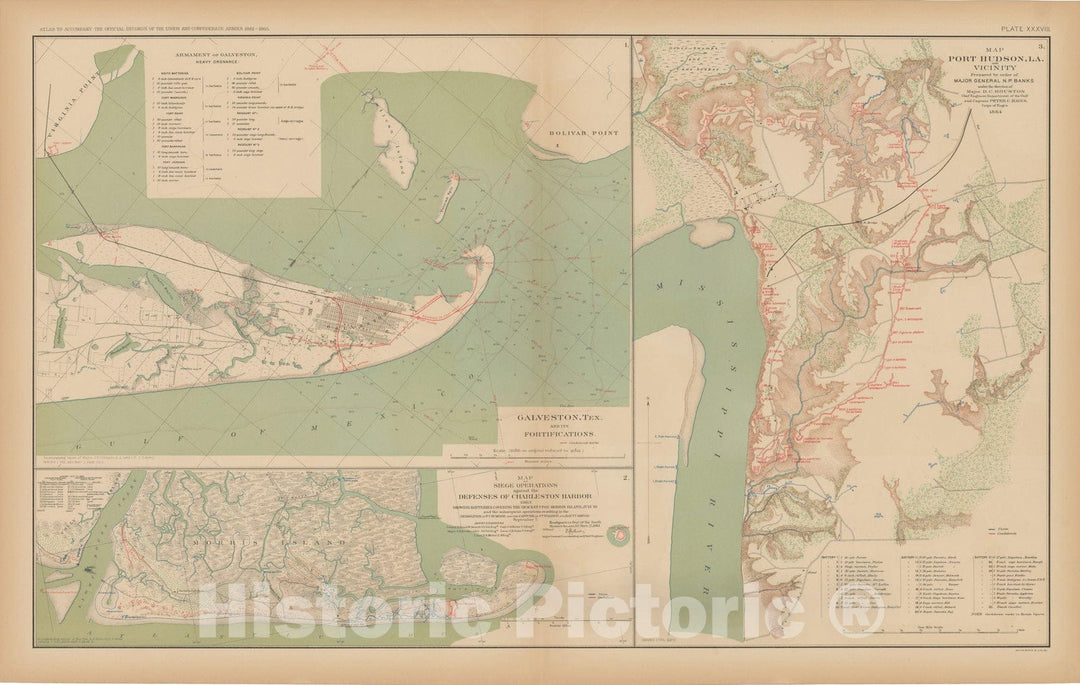 Historic Map : Civil War Atlas of the Union and Confederate Armies, Battles in LA, SC & TX 1895 , Vintage Wall Art
