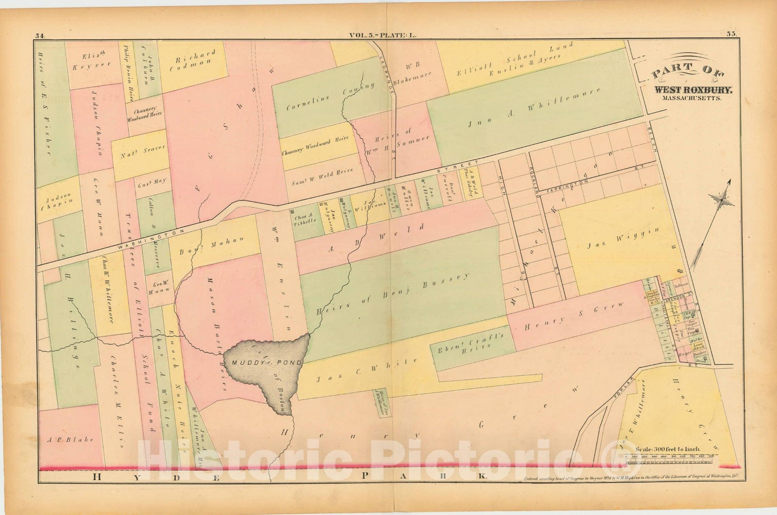 Historic Map : Atlas of County of Suffolk, MA, Vol. 5th, West Roxbury 1874 Plate L , Vintage Wall Art