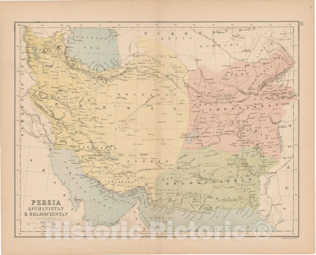 Historic Map : Iran & Iraq & Afghanistan 1875 , Student Atlas of Modern Geography , Vintage Wall Art