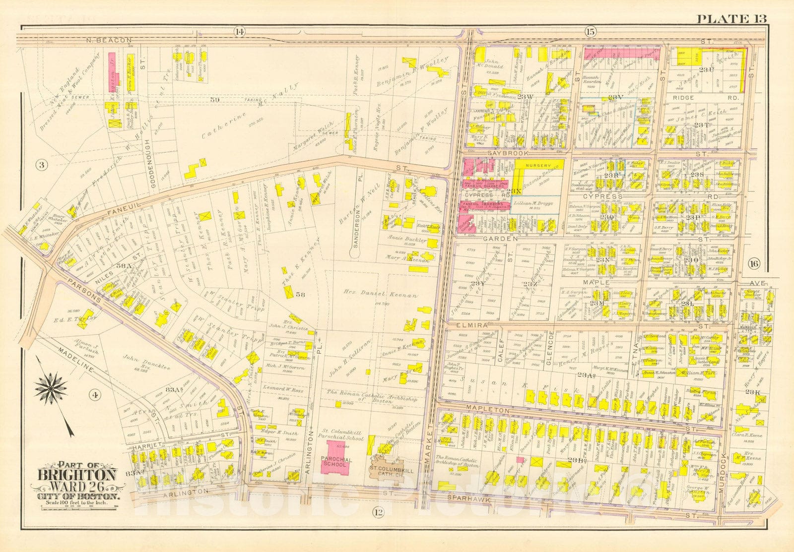 Historic Map : Atlas City of Boston, Wards 25 & 26 Brighton, Brighton 1916 Plate 013 , Vintage Wall Art