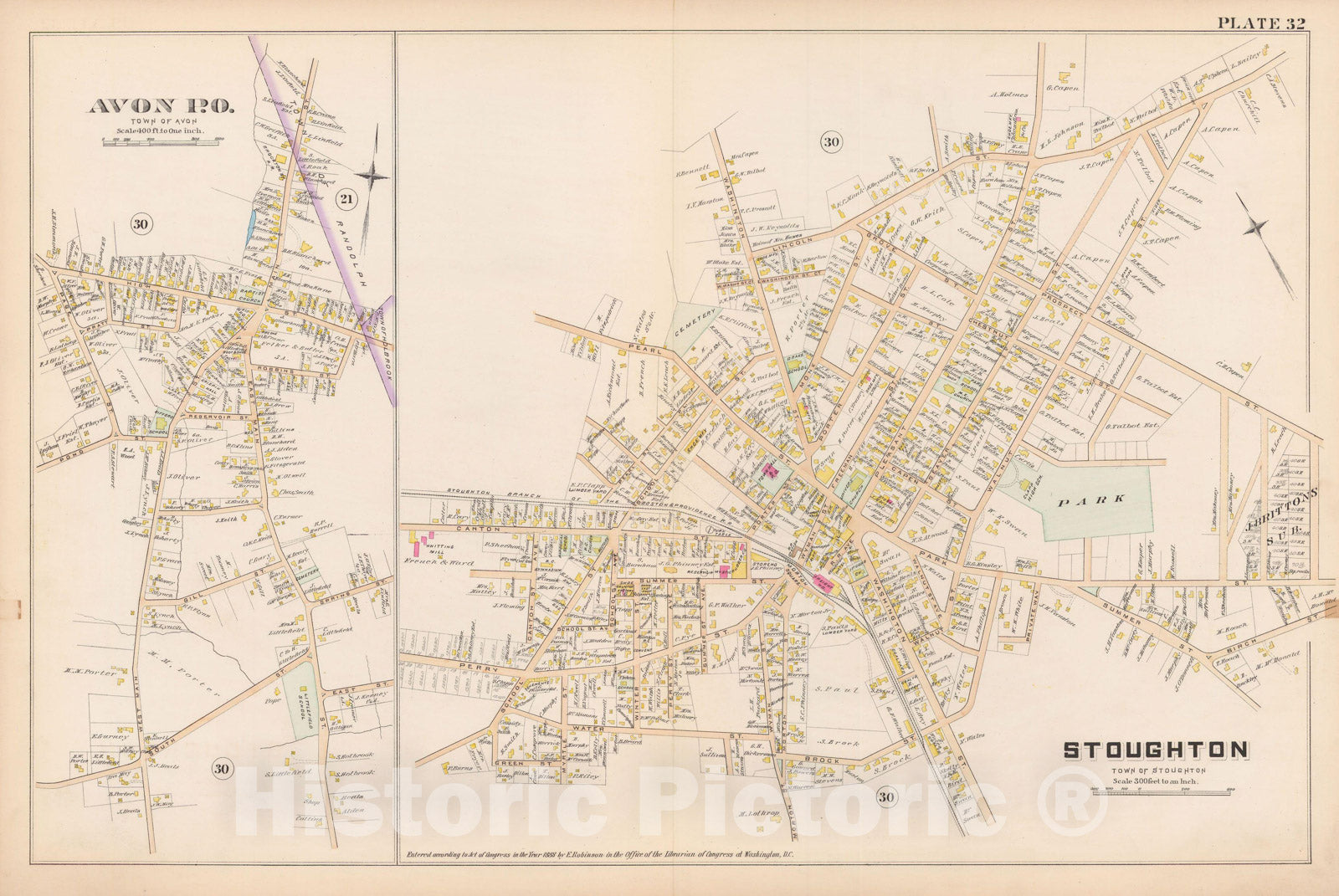 Historic Map : Atlas of Norfolk County, Avon & Stoughton 1888 Plate 032 , Vintage Wall Art