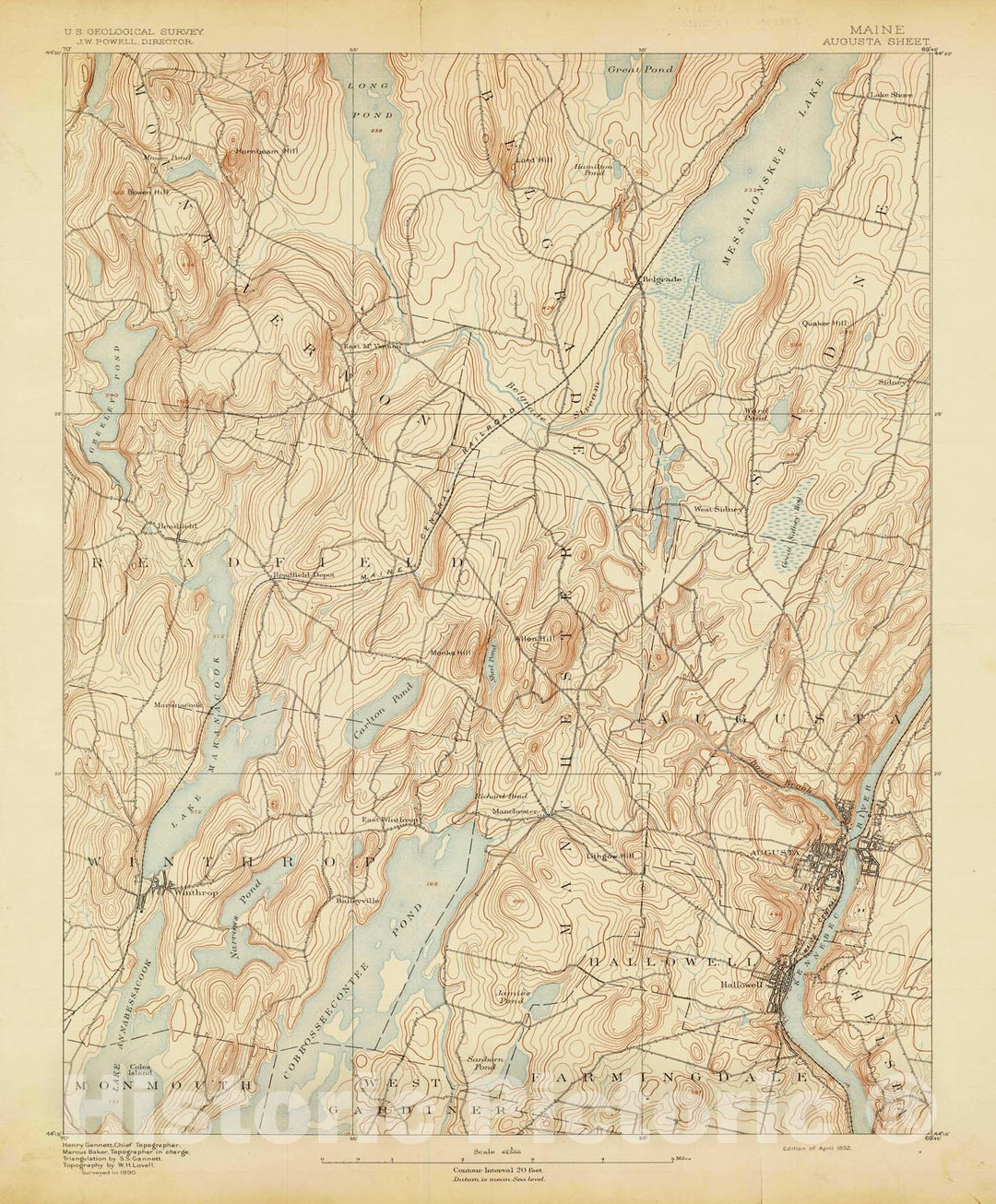 Historic Map : Atlas of Maine 1905,, Augusta & Chelsea & Hallowell & Manchester & Mount Vernon & Readfield & Winthrop 1905 Topographic Map , Wall Decor Poster Art, Vintage Wall Art