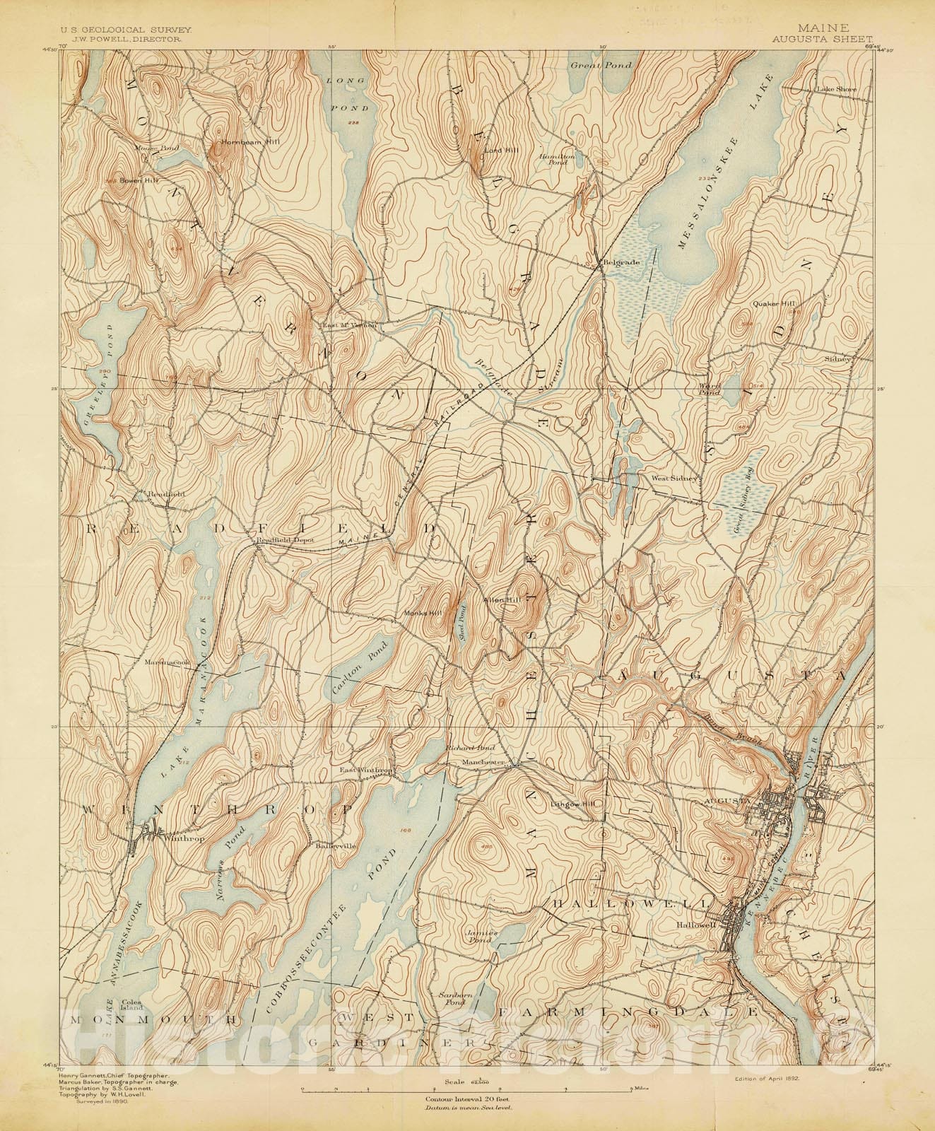 Historic Map : Atlas of Maine 1905,, Augusta & Chelsea & Hallowell & Manchester & Mount Vernon & Readfield & Winthrop 1905 Topographic Map , Wall Decor Poster Art, Vintage Wall Art