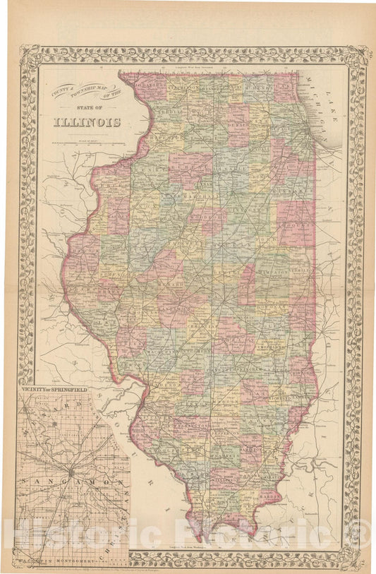 Historic Map : Illinois 1882 , Mitchell's New General Atlas , Vintage Wall Art