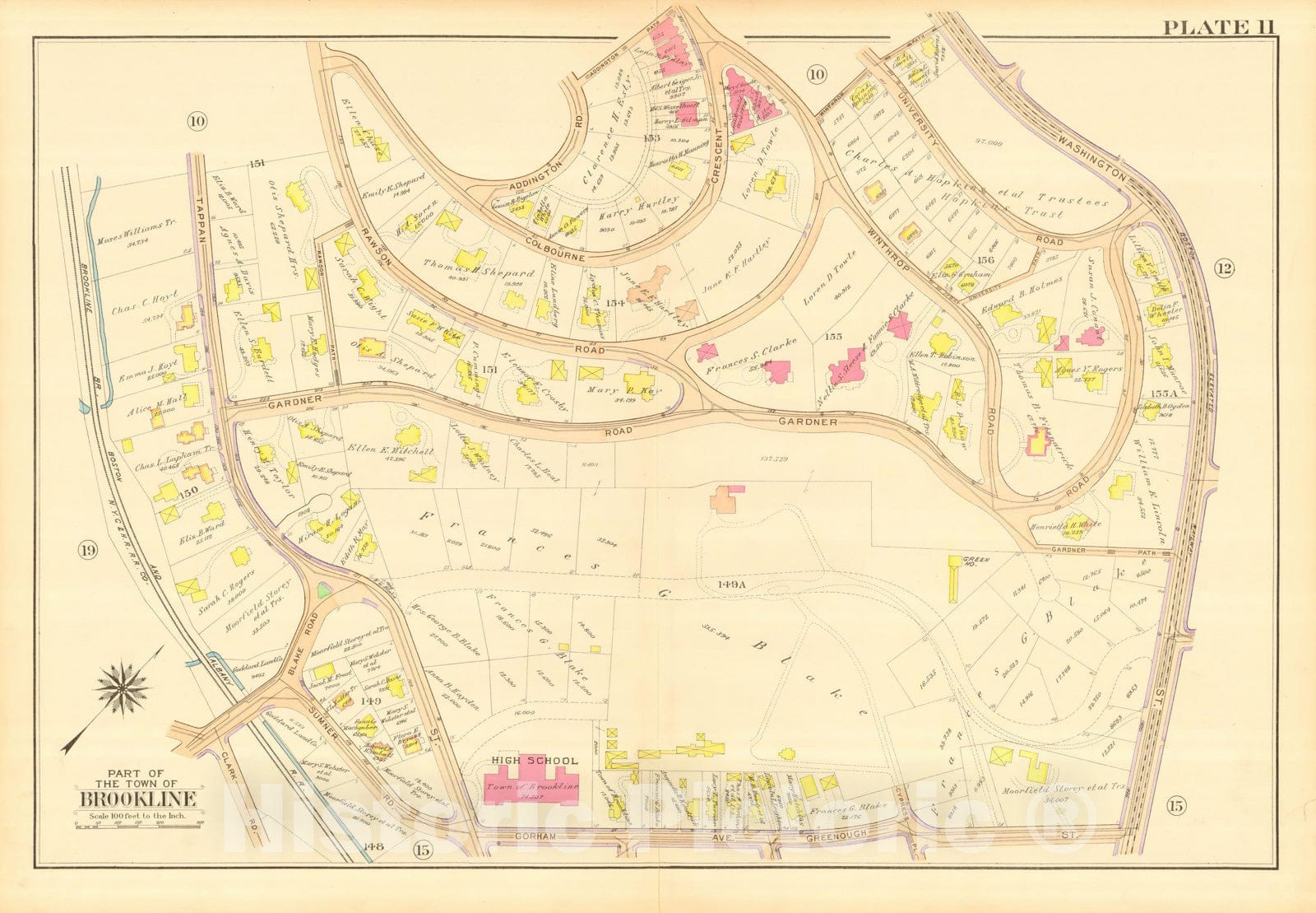 Historic Map : Atlas Town of Brookline, Norfolk County Massachusetts, Brookline 1913 Plate 011 , Vintage Wall Art