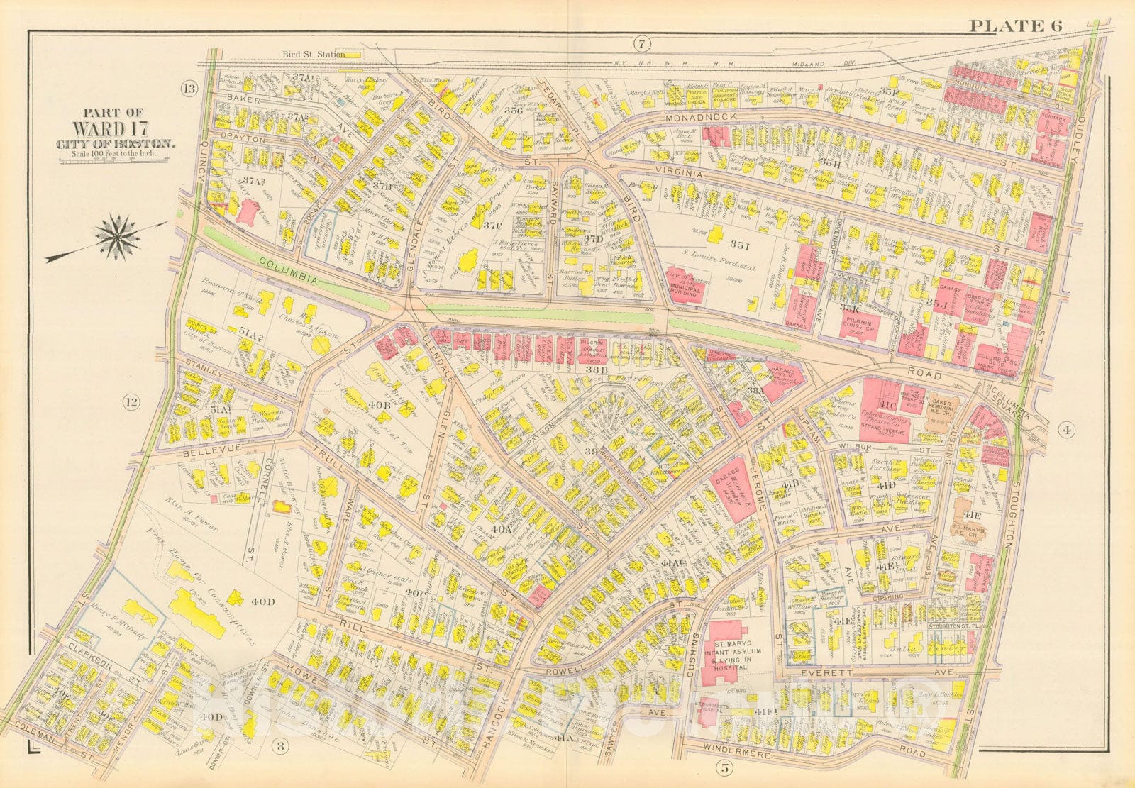 Historic Map : Atlas City of Boston, Dorchester, Dorchester 1918 Plate 006 , Vintage Wall Art