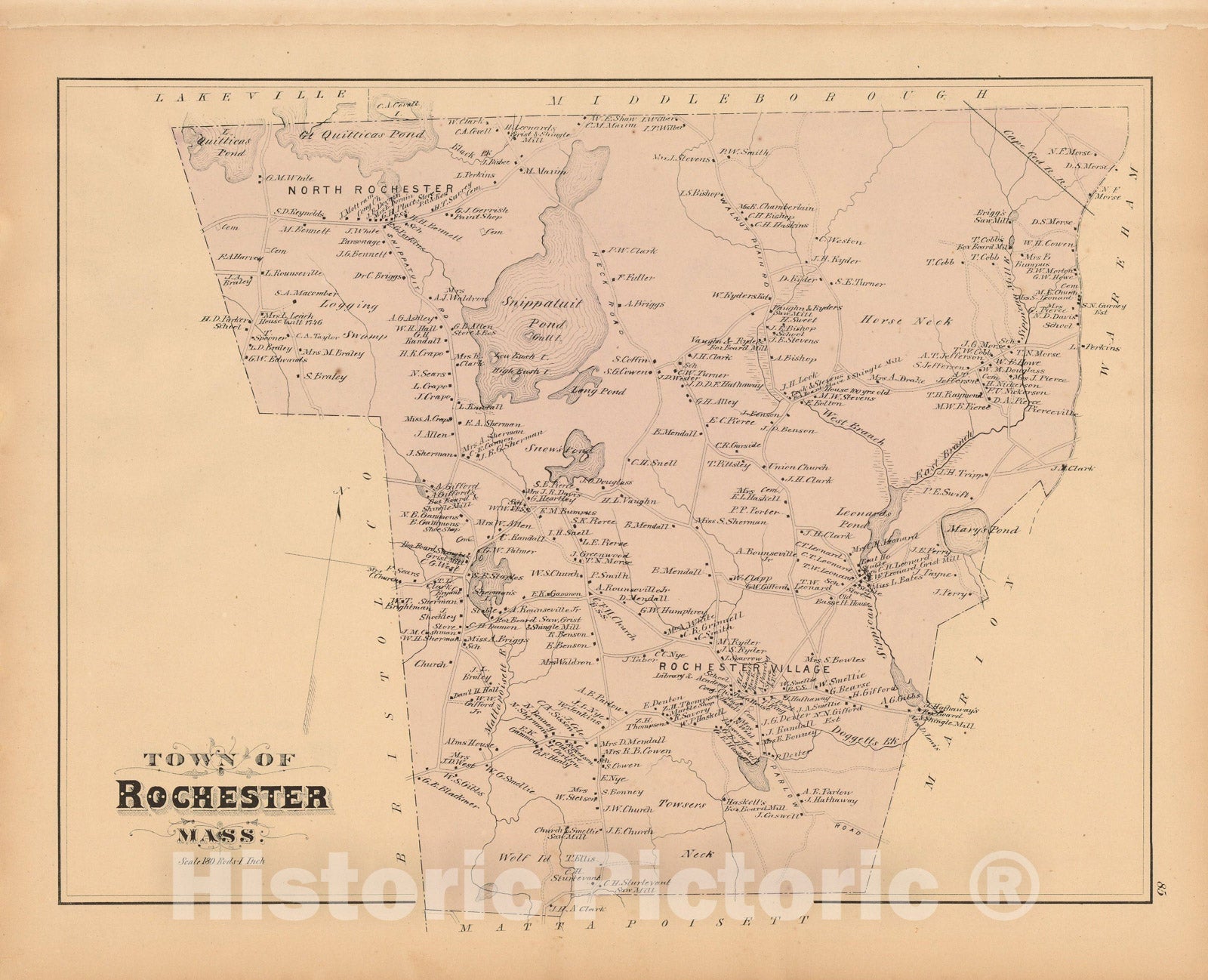 Historic Map : Atlas of Plymouth County Massachusetts, Rochester 1879 , Vintage Wall Art