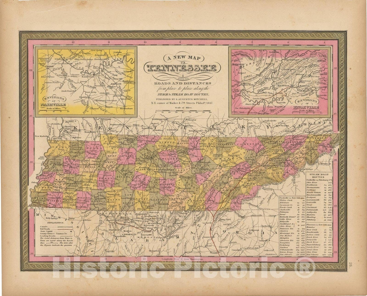 Historic Map : Tennessee 1847 , A New Universal Atlas of the World , Vintage Wall Art