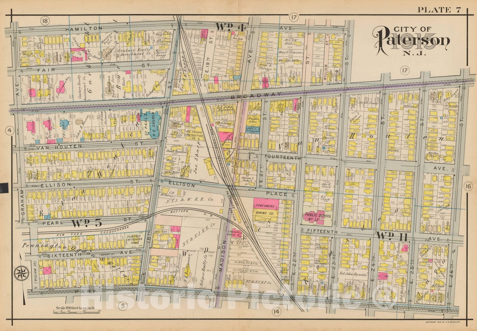 Historic Map : Atlas City of Paterson, New Jersey, Paterson 1915 Plate 007 , Vintage Wall Art