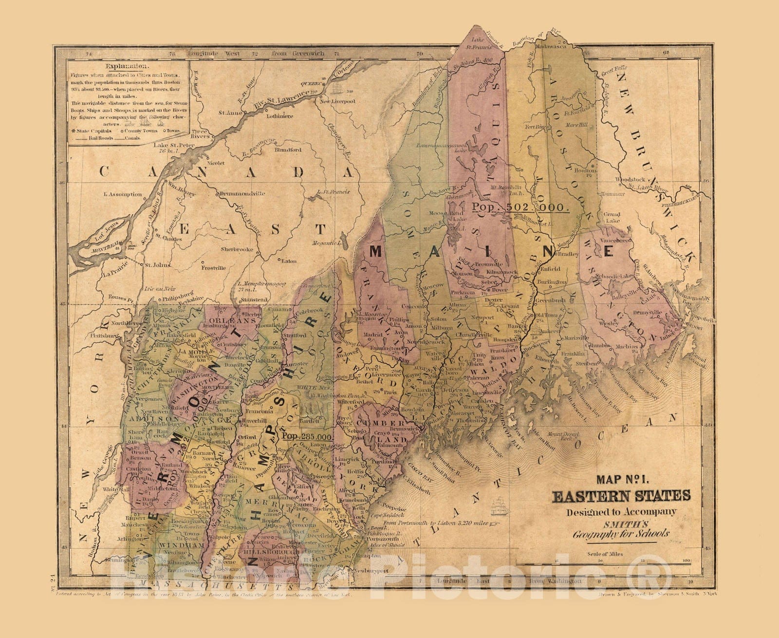 Historic Map : New Hampshire, Maine & New Hampshire & Vermont 1813 , Rand McNally Business Atlas , Vintage Wall Art