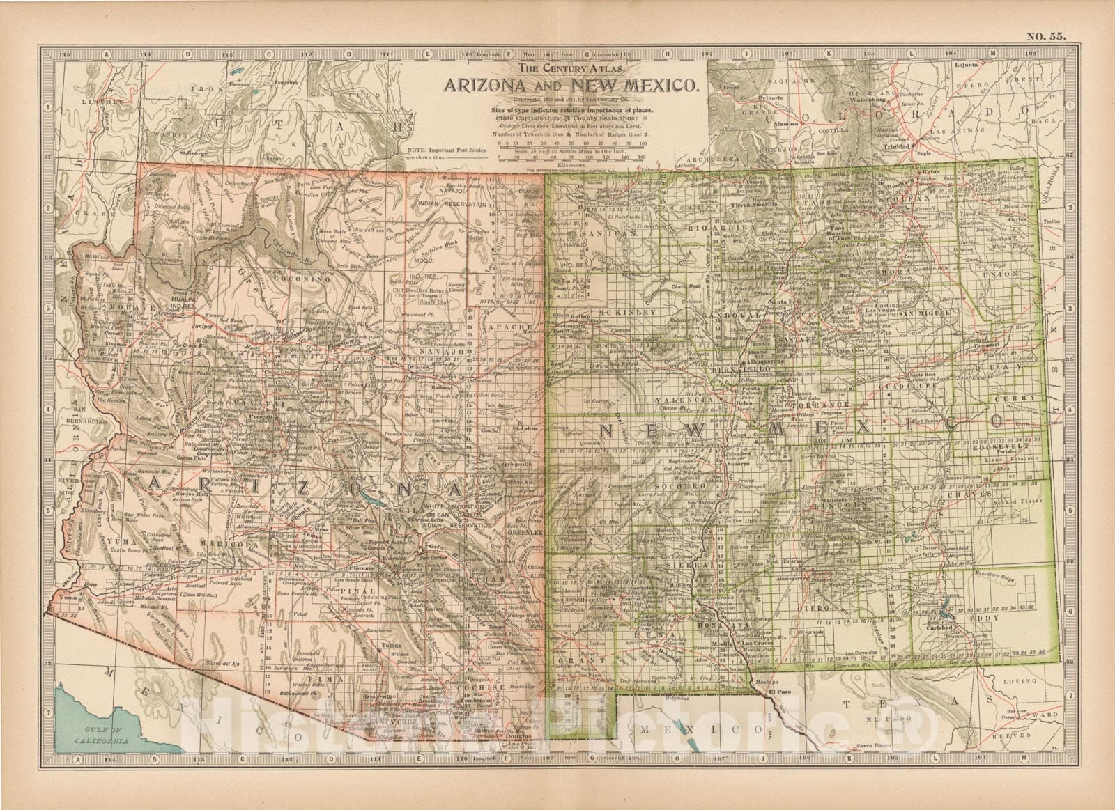 Historic Map : Arizona & New Mexico 1914 , Century Atlas of the World, Vintage Wall Art