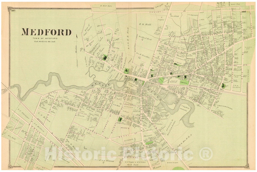 Historic Map : County Atlas of Middlesex Massachusetts, Medford 1875 , v2, Vintage Wall Art
