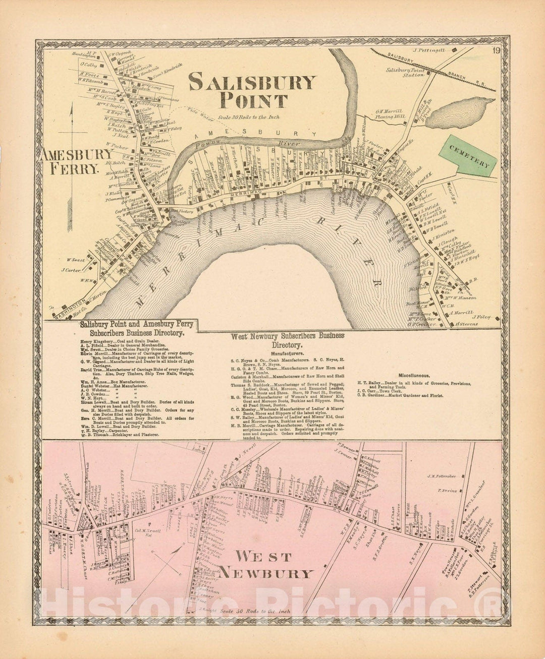 Historic Map : Atlas of Essex County Massachusetts, Amesbury & Newbury & Salisbury 1872 , Vintage Wall Art