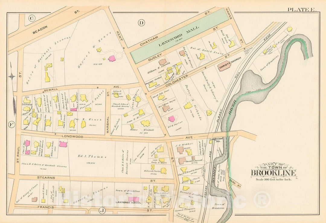 Historic Map : Atlas Town of Brookline, Brookline 1888 Plate E , Vintage Wall Art