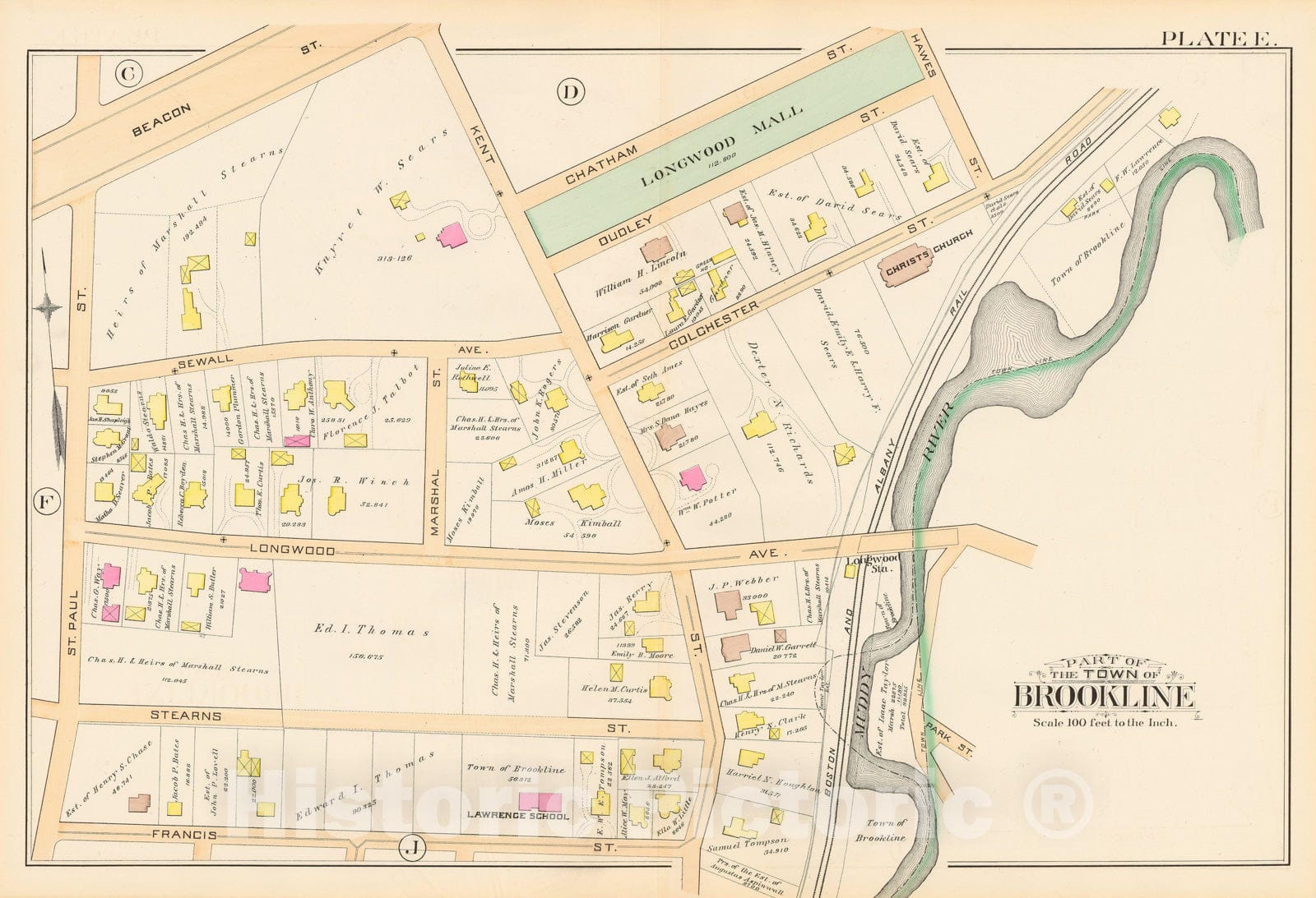 Historic Map : Atlas Town of Brookline, Brookline 1888 Plate E , Vintage Wall Art