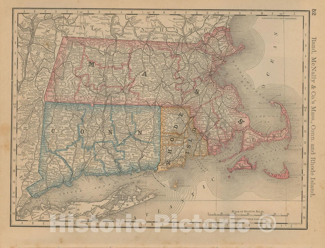 Historic Map : Connecticut & Massachusetts & Rhode Island 1877 , Business Atlas of the USA , Vintage Wall Art