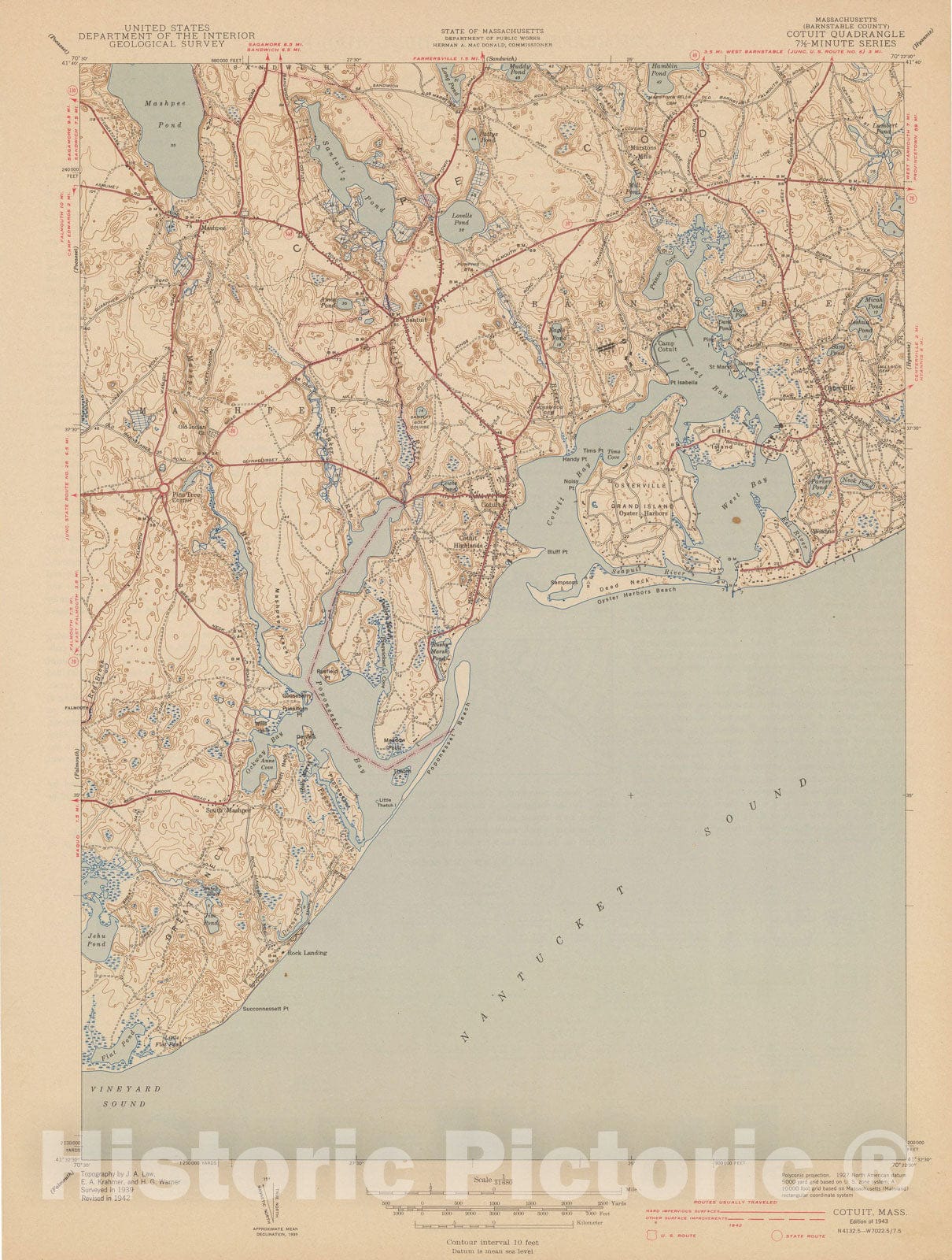 Historic Map : USGS 7.5 Minute Sheets and Quadrangles, Barnstable & Cotuit & Mashpee & Osterville 1943 Topographic Map , Vintage Wall Art