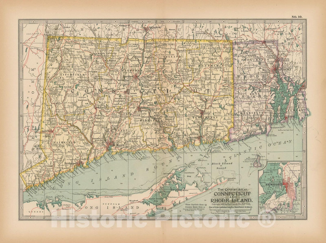 Historic Map : Connecticut & Rhode Island 1897 , The Century Atlas World , Vintage Wall Art