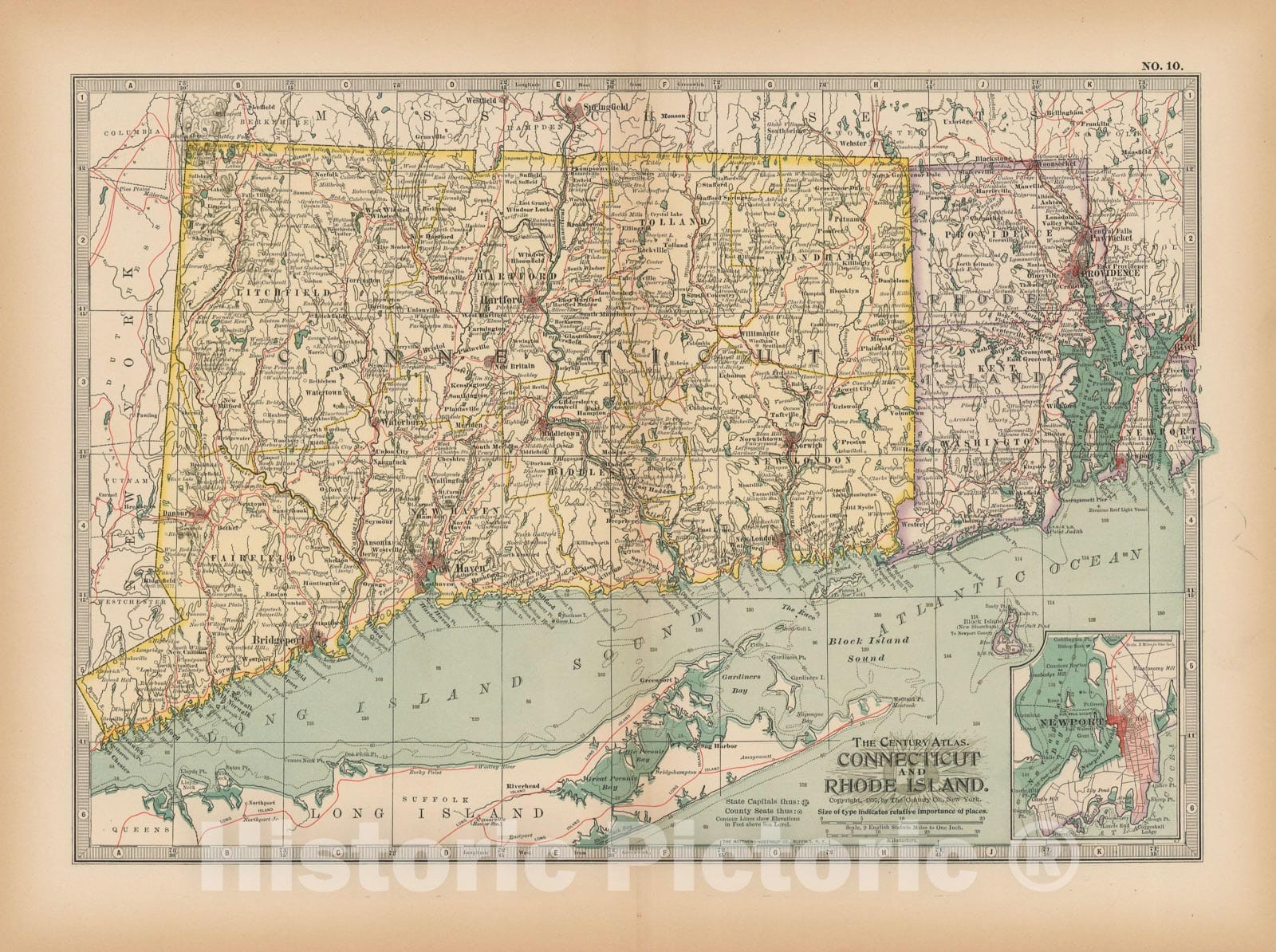 Historic Map : Connecticut & Rhode Island 1897 , The Century Atlas World , Vintage Wall Art