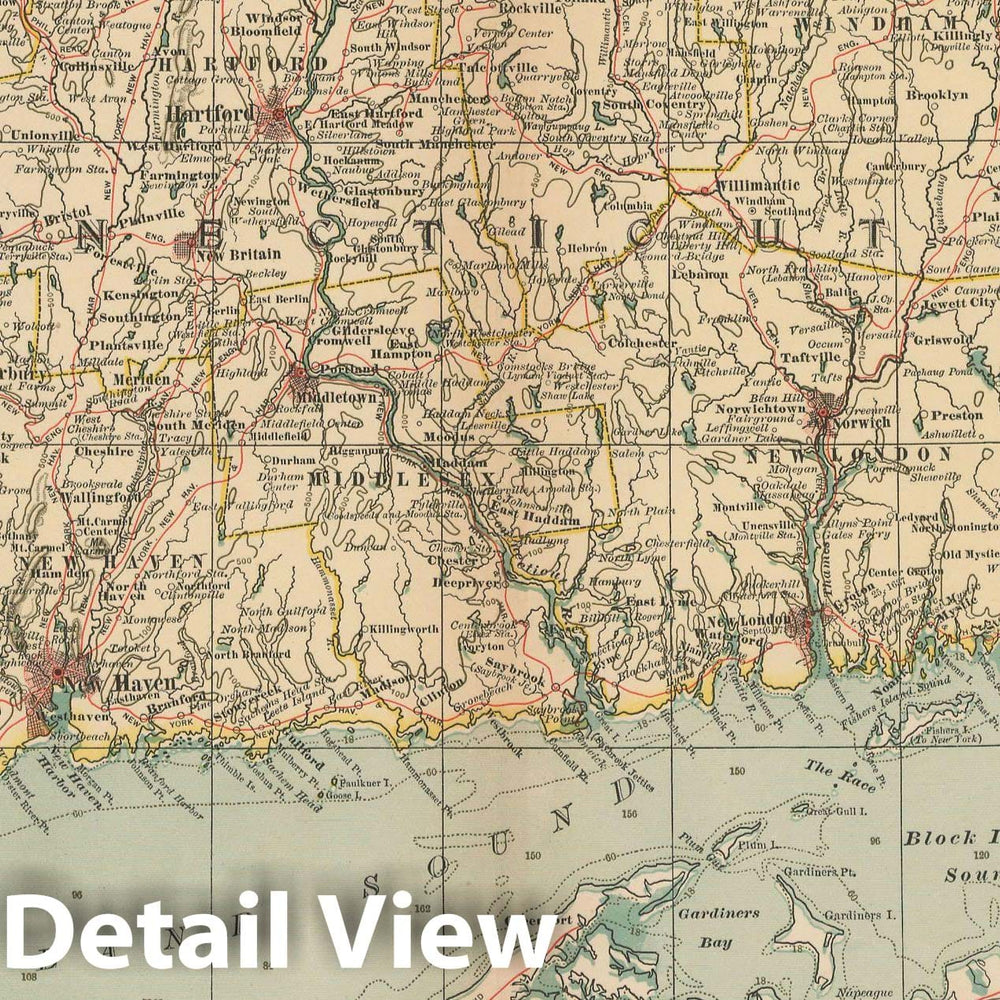 Historic Map : Connecticut & Rhode Island 1897 , The Century Atlas World , Vintage Wall Art