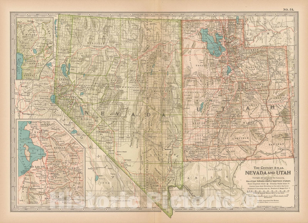 Historic Map : Nevada & Utah 1914 , Century Atlas of the World, Vintage Wall Art
