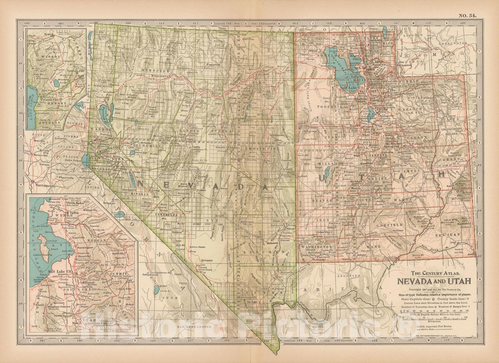 Historic Map : Nevada & Utah 1914 , Century Atlas of the World, Vintage Wall Art