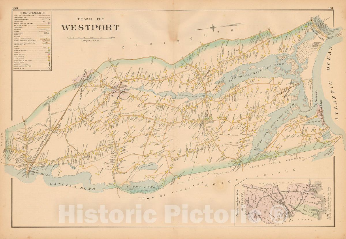 Historic Map : New Topographical Atlas of Surveys Bristol County Massachusetts, Westport 1895 , Vintage Wall Art