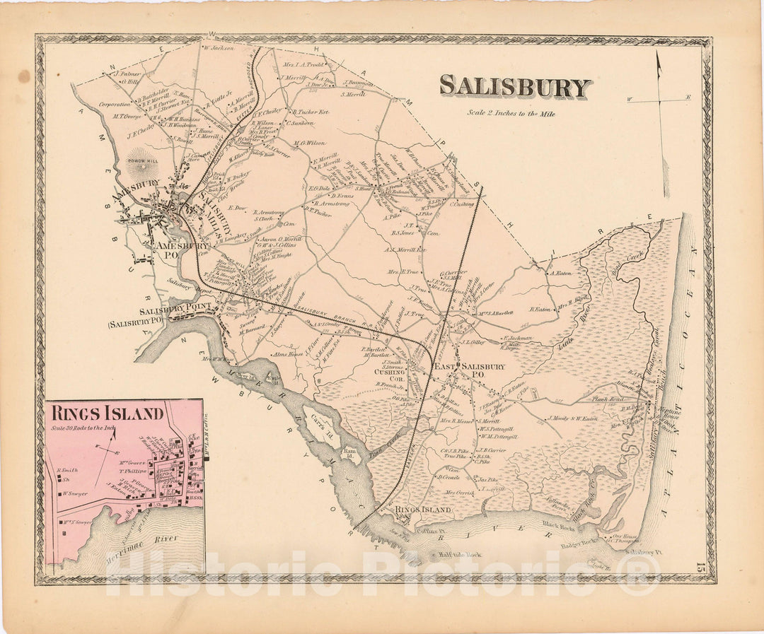 Historic Map : Atlas of Essex County Massachusetts, Salisbury 1872 , Vintage Wall Art